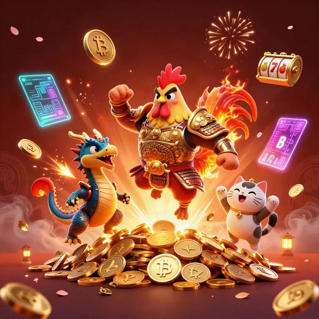 Rooster samurai, spark-breathing hatchling, and fortune cat amid erupting coins and neon casino effects.