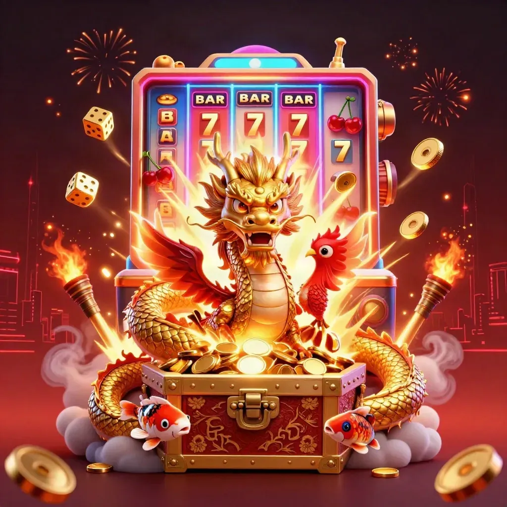 Dragon, phoenix, koi and slot machine burst with gold coins, neon light, embers and jackpot energy.