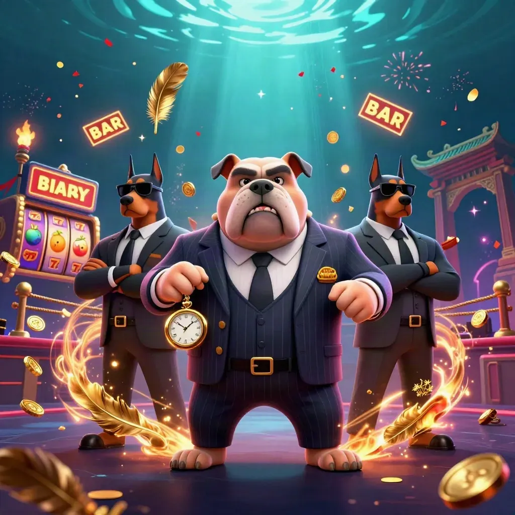 A bulldog mob boss and two Doberman guards amid casino reels, coins, firelight, and neon energy.