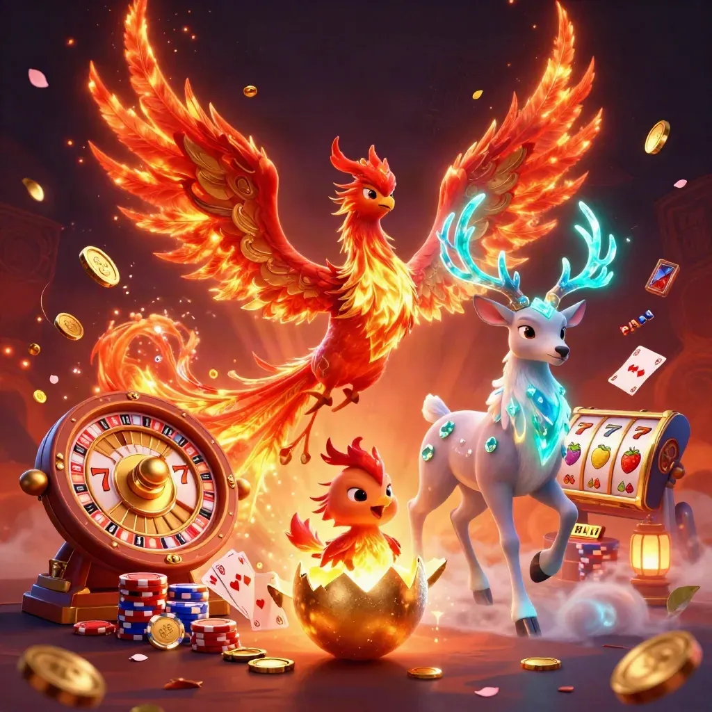 Phoenix, hatchling and crystal-antlered stag amid coins, cards, reels and neon casino glow.