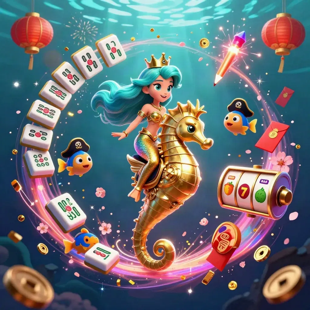 Mermaid princess on a gold seahorse amid pirate fish, lanterns, coins, and casino magic.