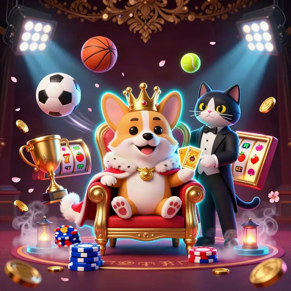 Crowned corgi and cat butler amid casino sparks, chips, balls, reels, and glowing cyan-gold light