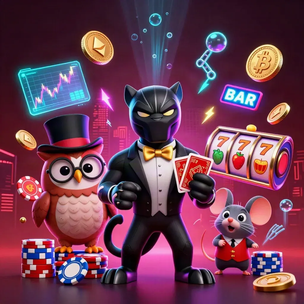 Panther, owl, and mouse in casino action with coins, reels, neon lightning, and dark red glow.