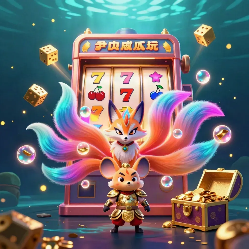 Neon fox spirit and armored mouse amid slot jackpots, gold dice, and glowing casino energy.