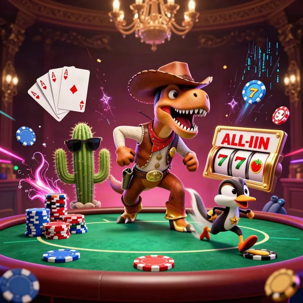Neon casino art with a cowboy T-Rex, cactus sidekick, roadrunner, chips, aces, and slot reels