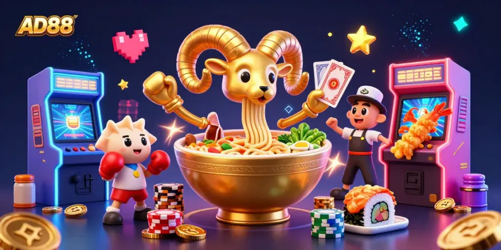AD88 casino scene with a unique golden ramen bowl character, vibrant colors, and energetic gaming elements.