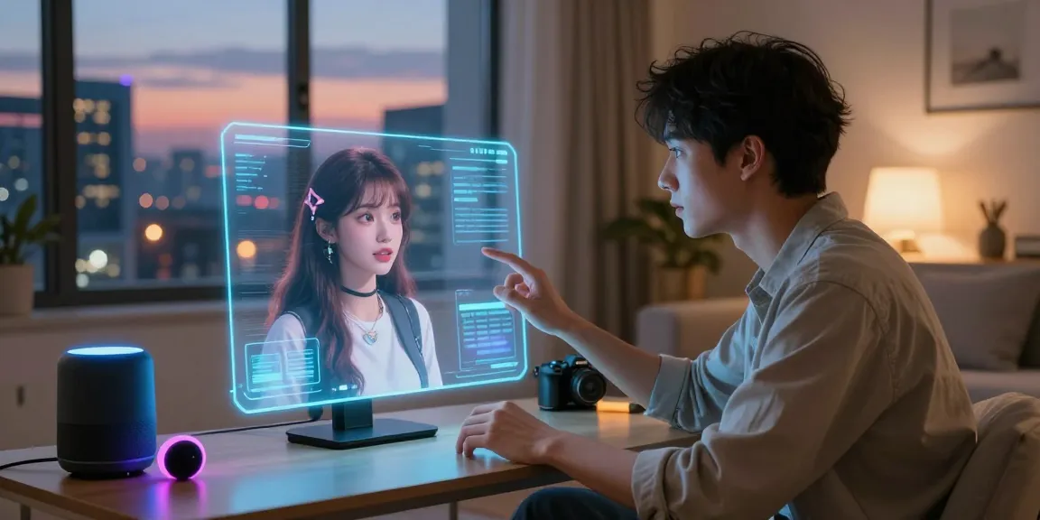 Engaging with an AI girlfriend through holographic display in a cozy, futuristic setting, blending technology and romance.