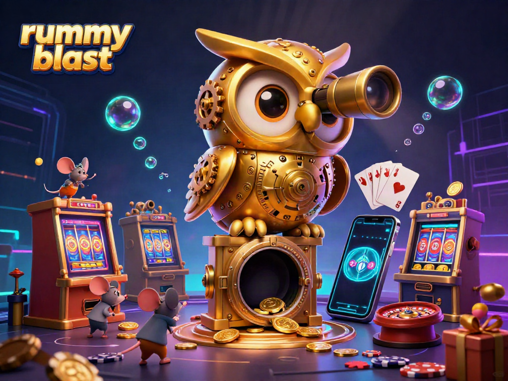 Engage with rummy blast's vibrant online gaming scene featuring a golden owl and colorful slot game elements.