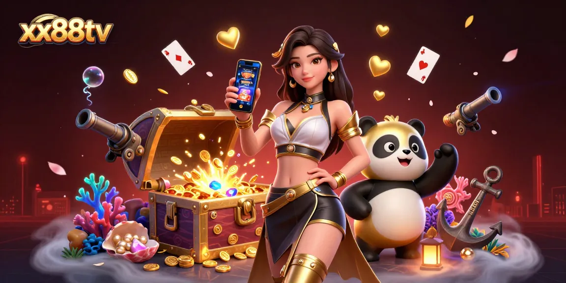 Engage with the vibrant world of xx88tv showcasing an Asian woman and panda mascot in a lively casino setting.