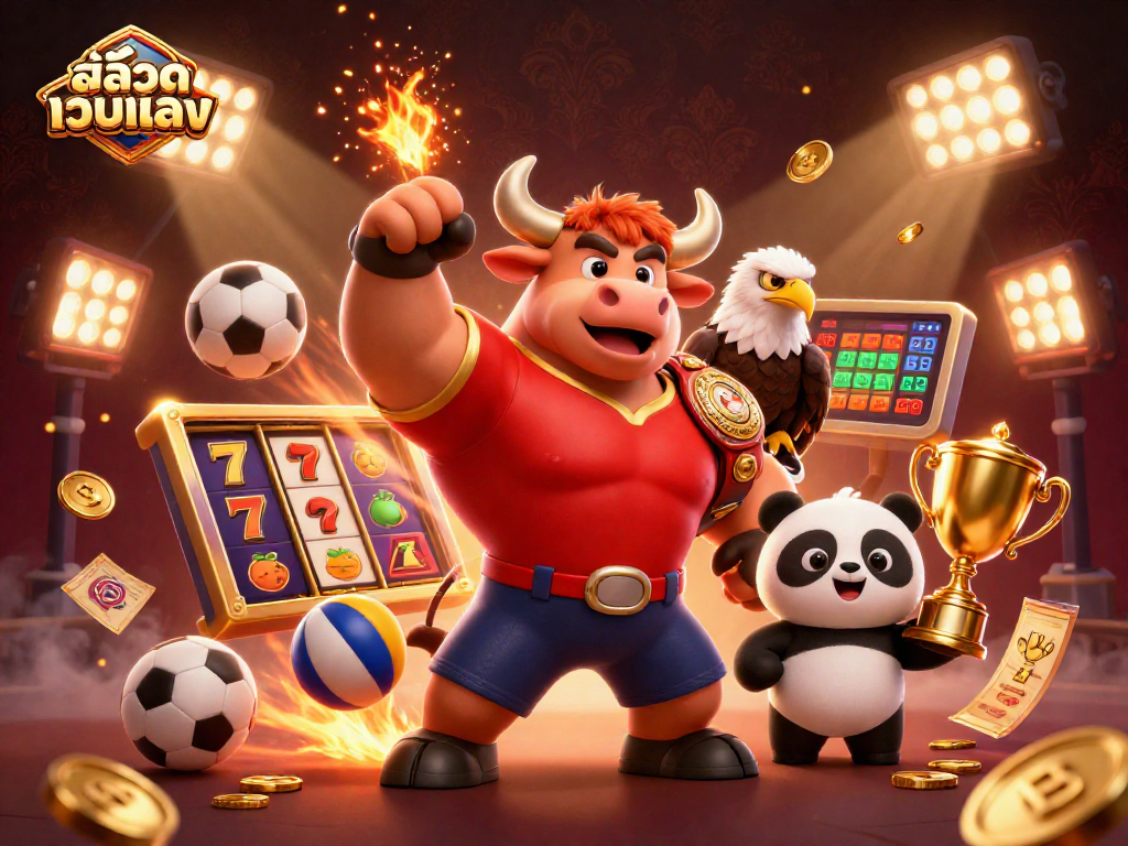 Engage in สล็อตเว็บตรง gaming with a vibrant scene featuring a bull mascot and sports elements.