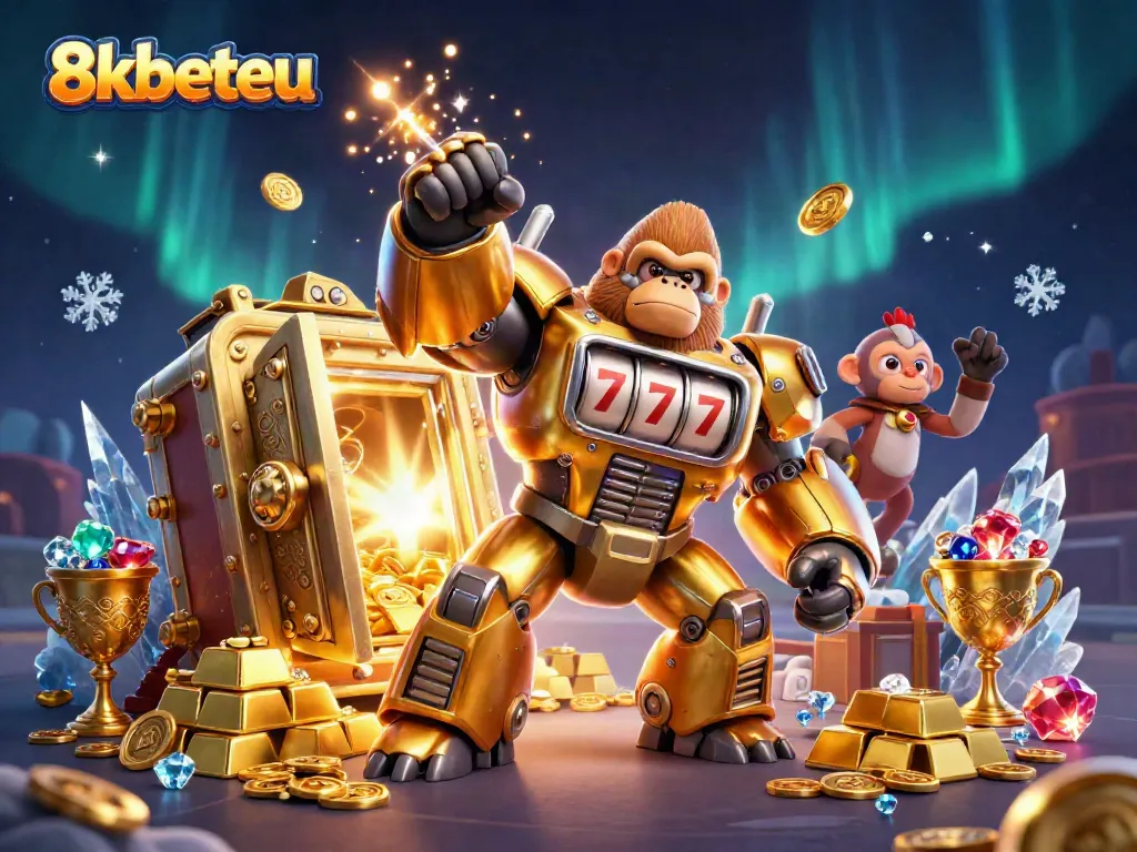 Experience thrill with 8kbeteu; a dynamic 3D scene of a golden gorilla mech amidst treasures and casino elements.