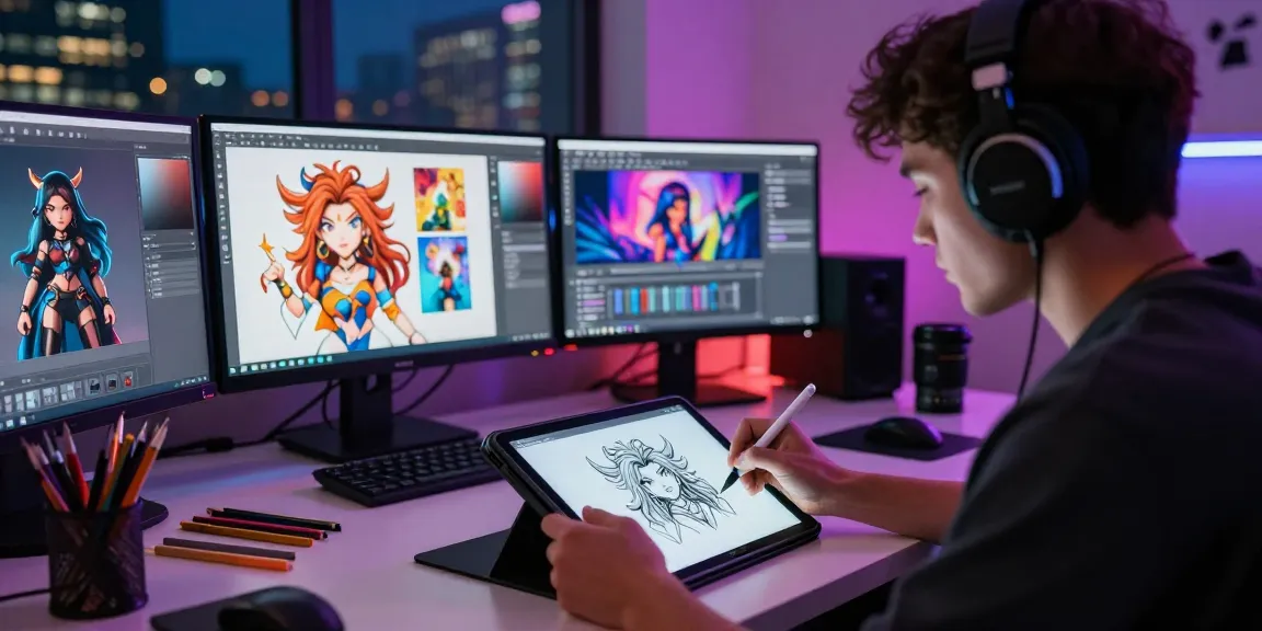 Artist creating vibrant NSFW AI digital art in a creative studio