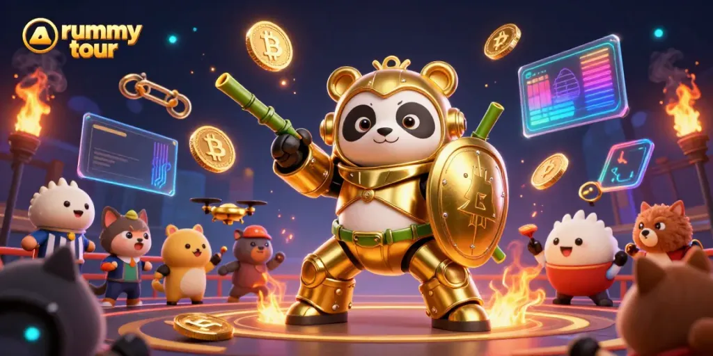 Mainkan rummy tour dengan panda mekanik dan elemen permainan, dalam gambar menarik.
