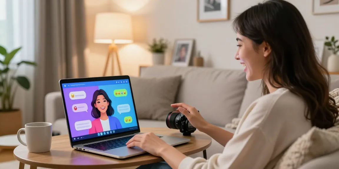 Engaging user enjoying interaction with AI gf in modern apartment.