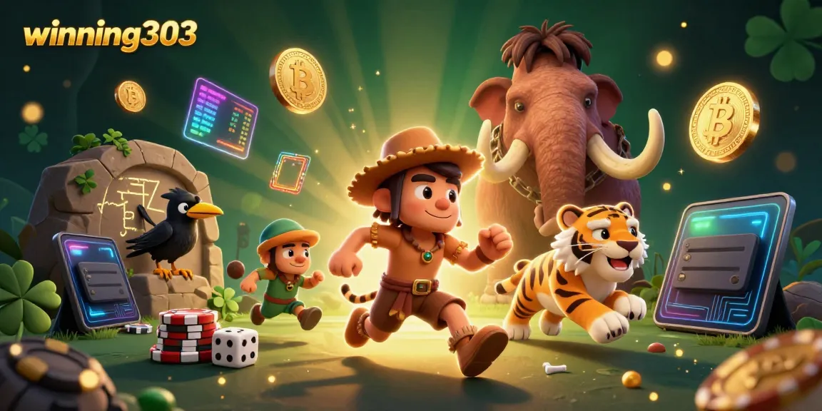 Experience thrilling moments with winning303 at a vibrant prehistoric casino filled with crypto elements.