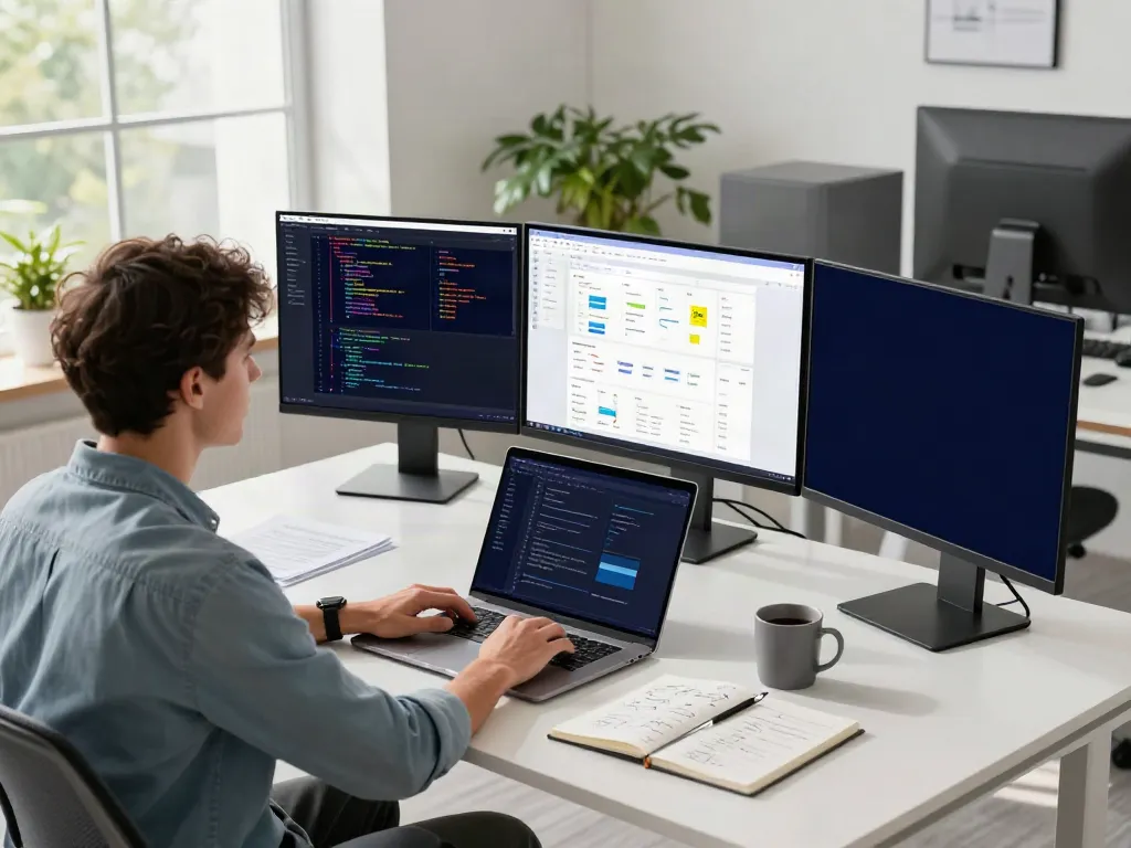 Professional working at a tech workspace on the A80 information platform development.