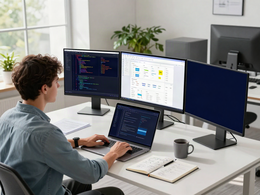 Professional working at a tech workspace on the A80 information platform development.