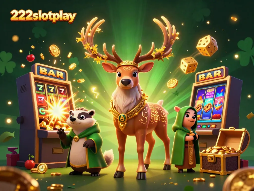 Bermain slot dengan 222slotplay menunjukkan stag, badger, dan simbol keberuntungan yang bersinar.