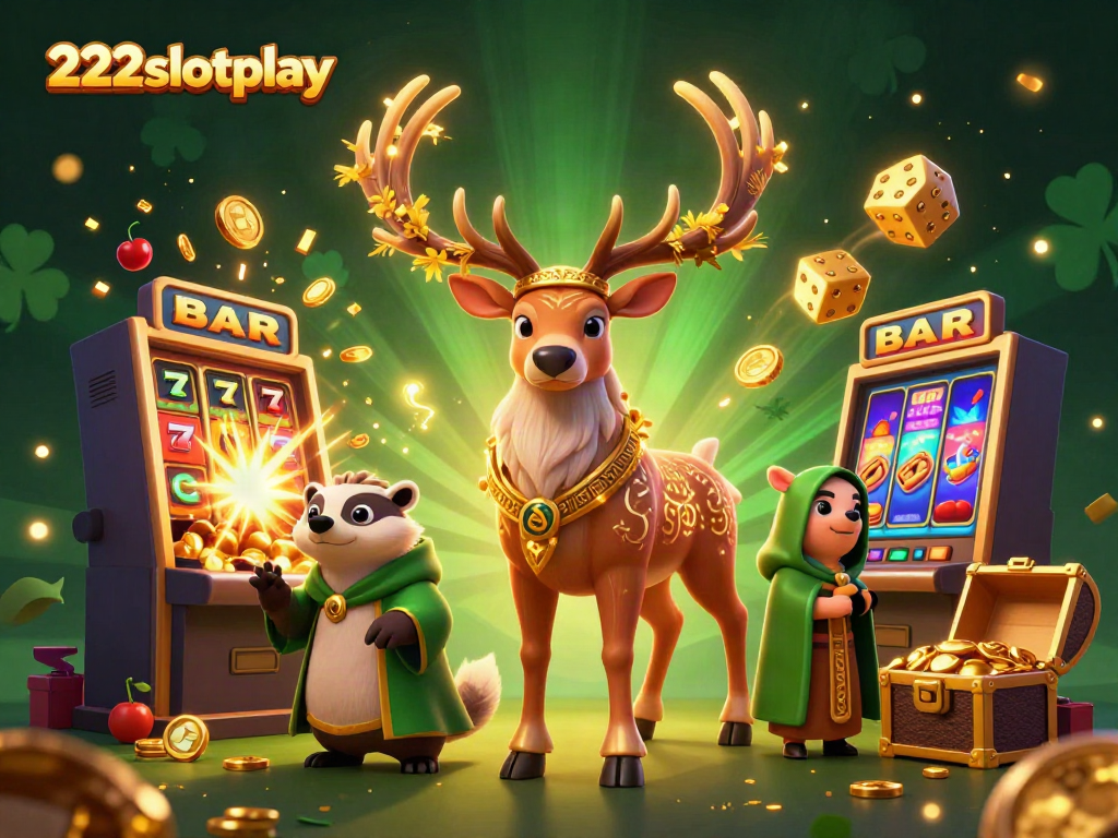 Bermain slot dengan 222slotplay menunjukkan stag, badger, dan simbol keberuntungan yang bersinar.