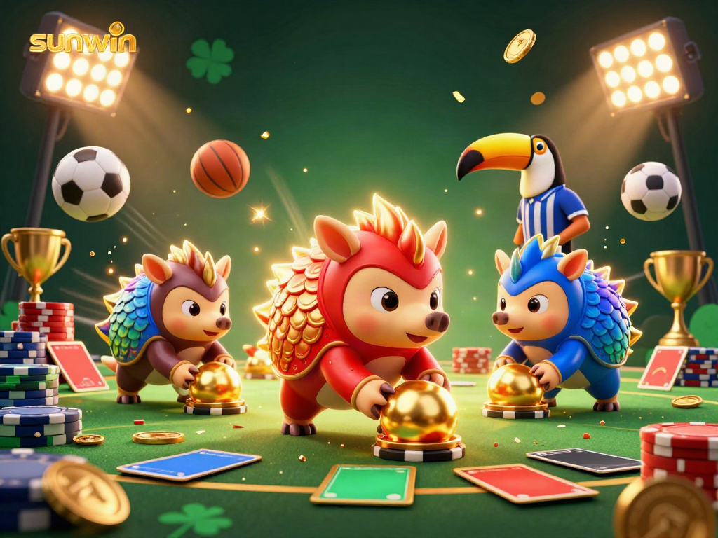 Experience thrilling gaming with Sunwin as pangolins roll through a dynamic casino scene filled with sports and poker.