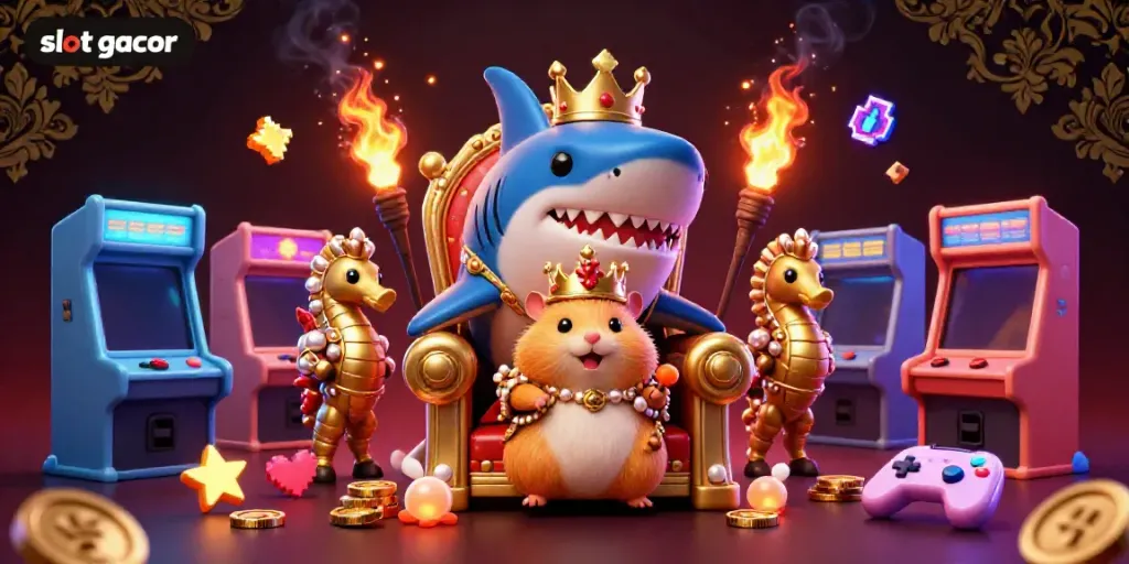 Experience the thrill of slot gacor with a lively illustration of the hamster king and dynamic game elements.