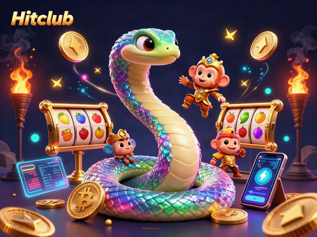 Experience the vibrant thrills of Hitclub with a colorful casino scene featuring the rainbow serpent and playful monkey king.