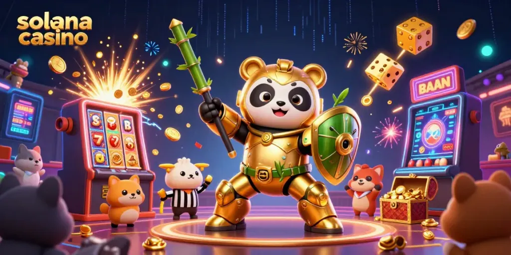 Join the excitement at solana casino with a lively 3D illustration depicting a golden panda in a mech-suit amidst jackpot action.