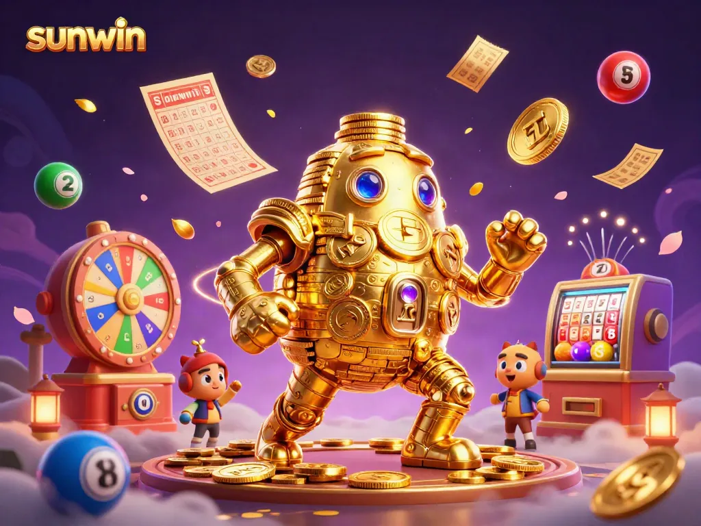 Spin and win big with sunwin's vibrant 3D casino experience featuring golden golems and jackpots.