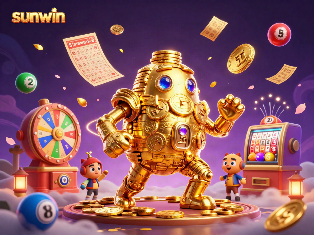 Spin and win big with sunwin's vibrant 3D casino experience featuring golden golems and jackpots.