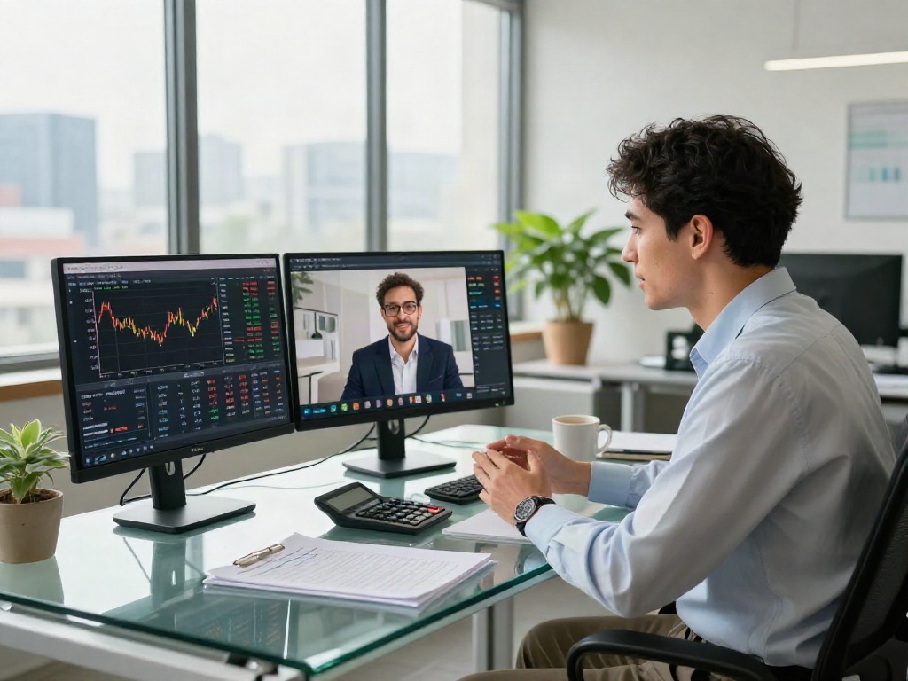Financial advisor discussing deposit 10k strategies in a modern office, showcasing investment tools and a professional atmosphere.