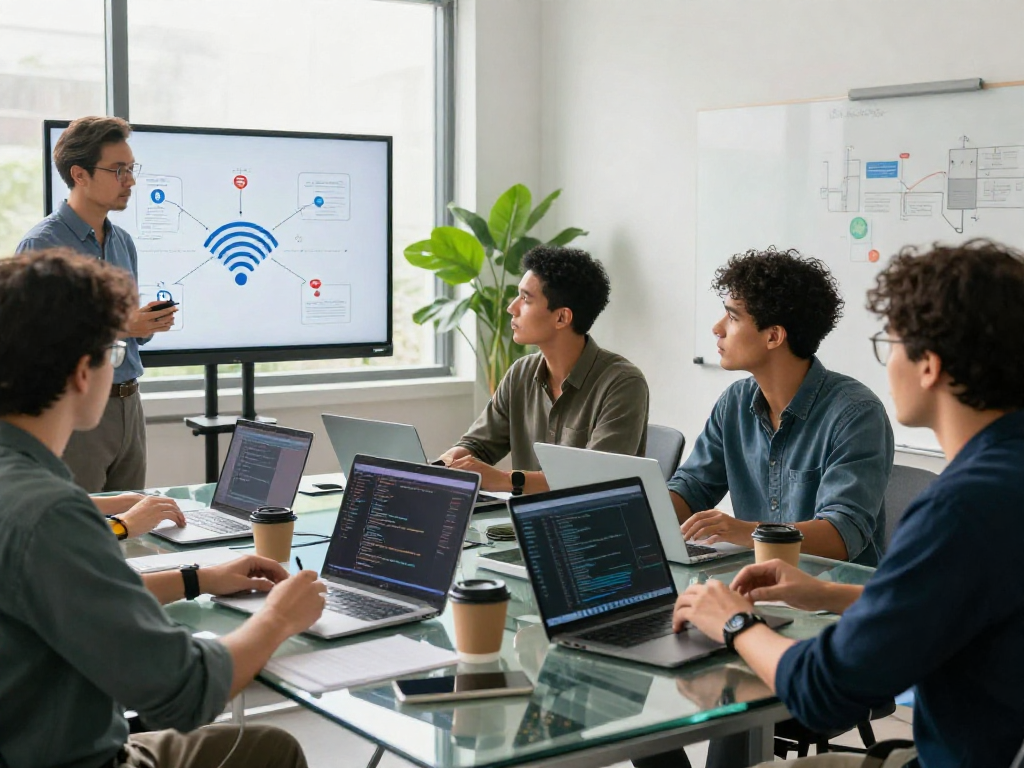 Tim profesional mendiskusikan solusi wifi 4d di ruang kantor modern.