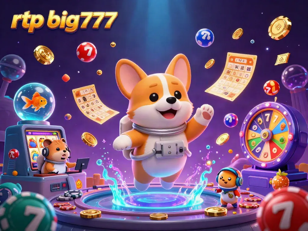 Experience the excitement of rtp big777 with a cartoon corgi astronaut in a floating casino atmosphere.
