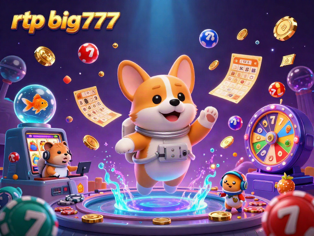 Experience the excitement of rtp big777 with a cartoon corgi astronaut in a floating casino atmosphere.