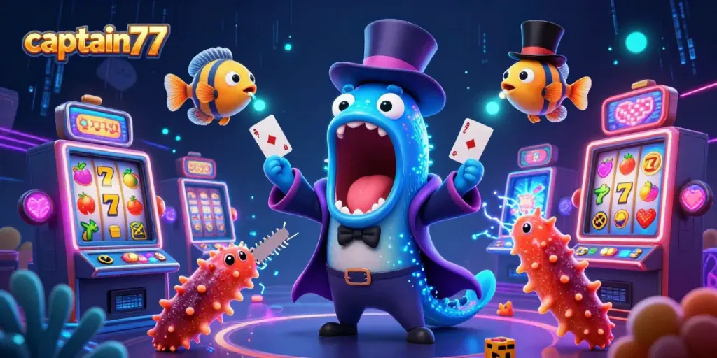 Engage in thrilling games at captain77, featuring a vibrant underwater casino scene with animated characters.