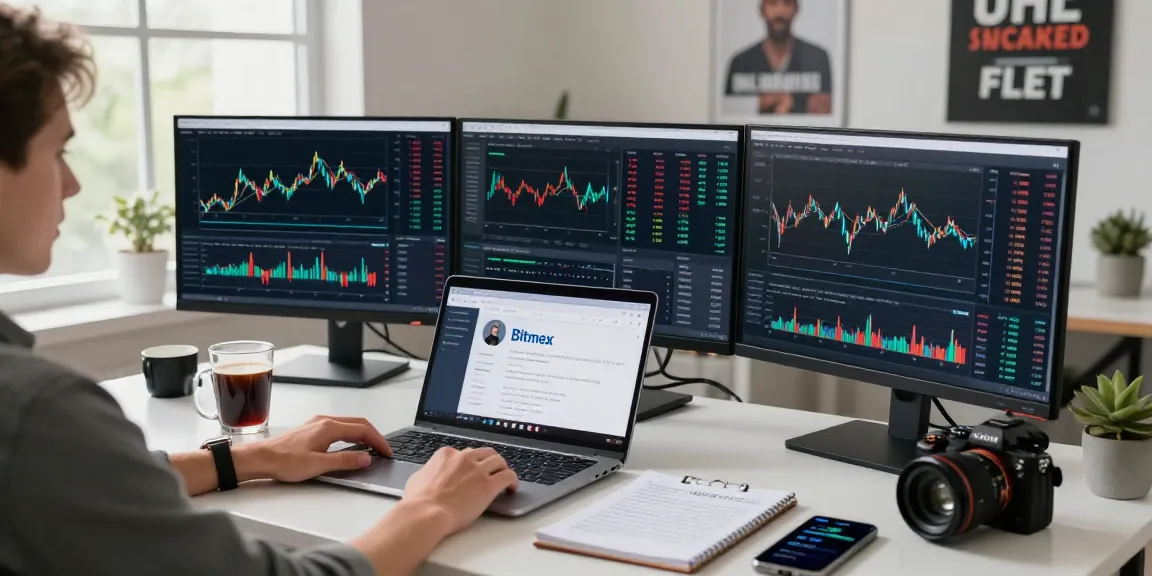 Человек анализирует отзывы bitmex на экранах компьютеров в современном домашнем офисе