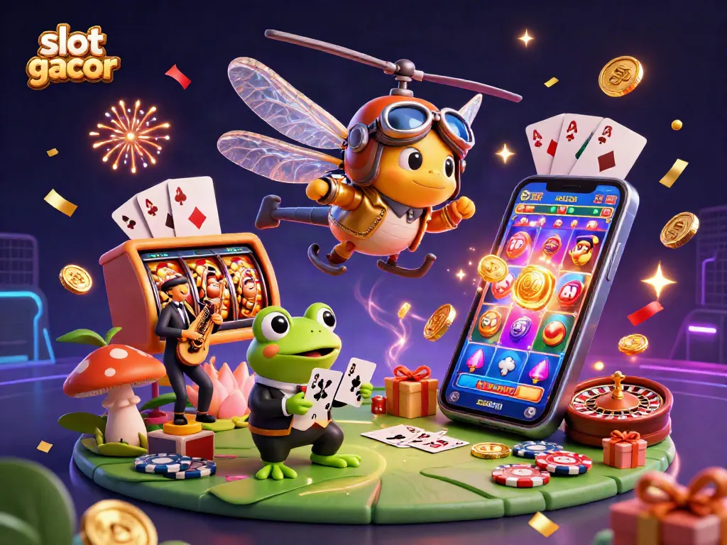 Experience slot gacor action with vibrant characters and casino elements in a dynamic 3D illustration.