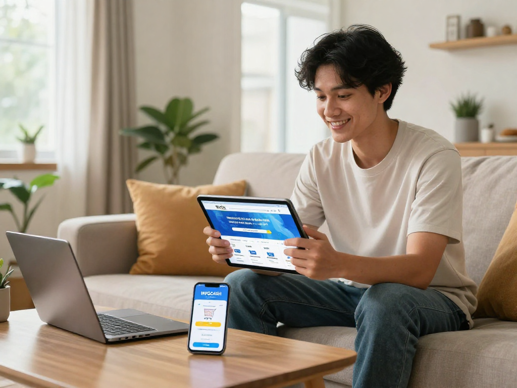 Young adult exploring mpoсash.blog on a tablet in a bright, inviting living space