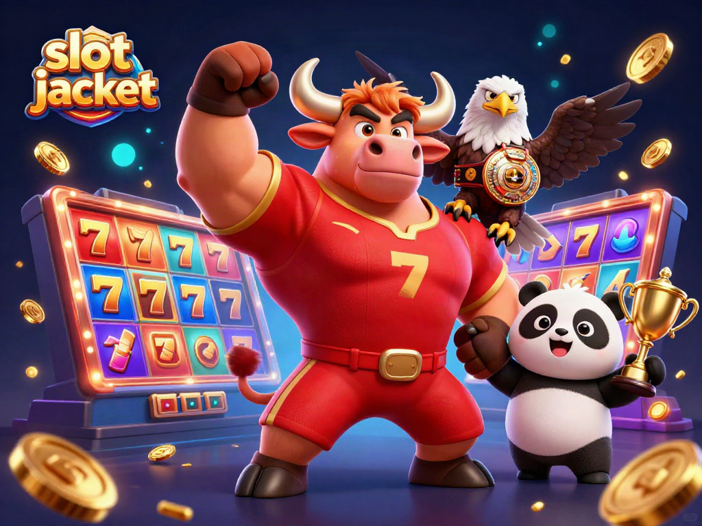 Win big at the slot jackpot with a dynamic celebration featuring a bull, eagle, and panda.