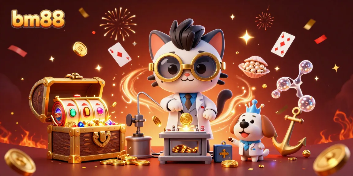 Experience the excitement of bm88 with a vibrant 3D illustration of casino elements and characters.