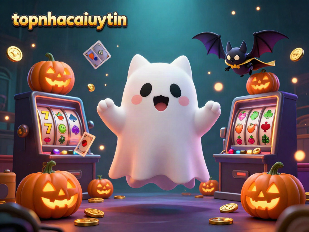 Experience the thrilling adventure of topnhacaiuytin with a ghost cat, bat, and glowing pumpkins in a haunted casino.