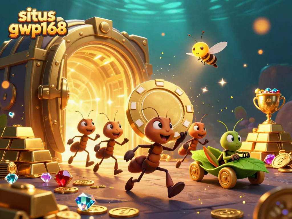 Ant menyerbu situs gwp168 dengan chip poker raksasa, bersinar dalam pencahayaan dramatis.