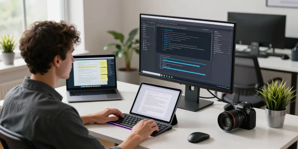 Engaging workspace showcasing AI writing tools with a content creator using advanced software in a modern tech environment.