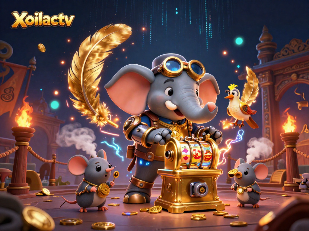 Xoilactv engages players with a steampunk-themed casino illustration featuring a golden slot machine and animated characters.