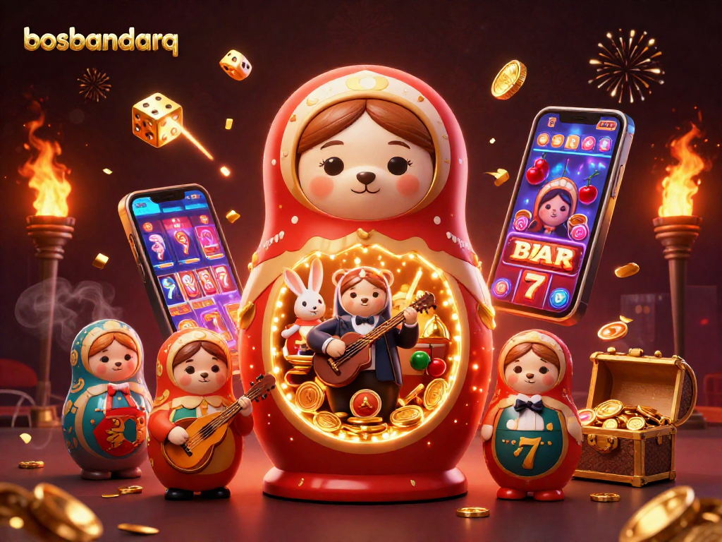 Play exciting games at bosbandarq with colorful slot machines, bears, and golden elements.