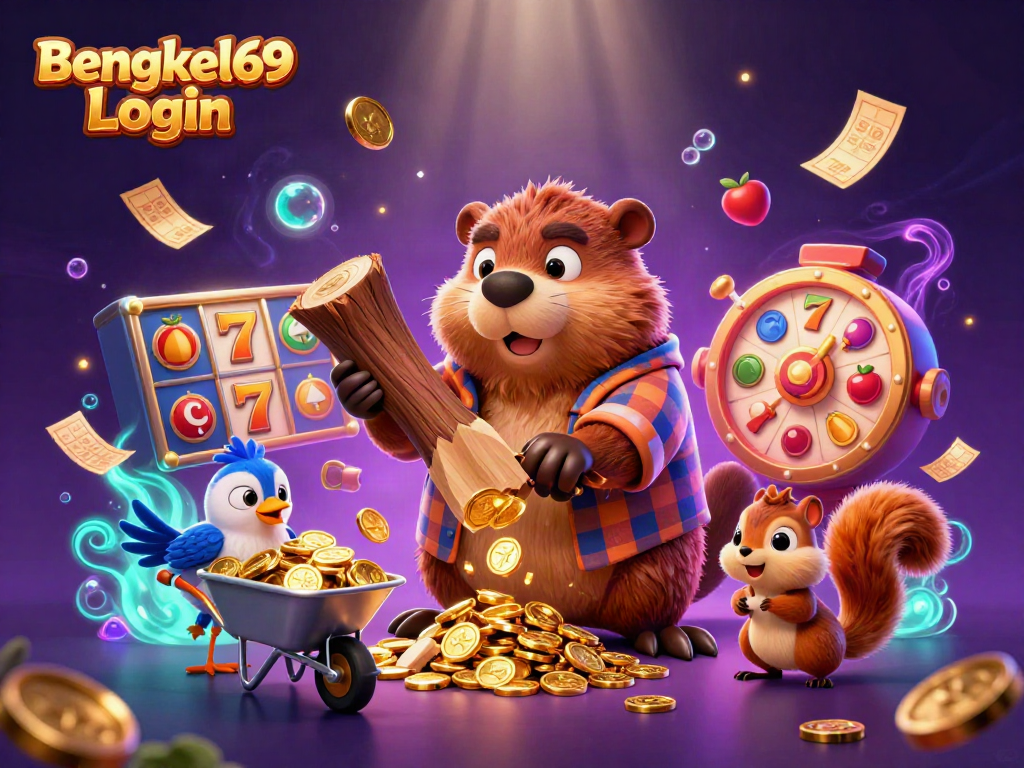 Experience the thrill of slot gaming with Bengkel69 Login featuring lively 3D characters amidst golden prizes.