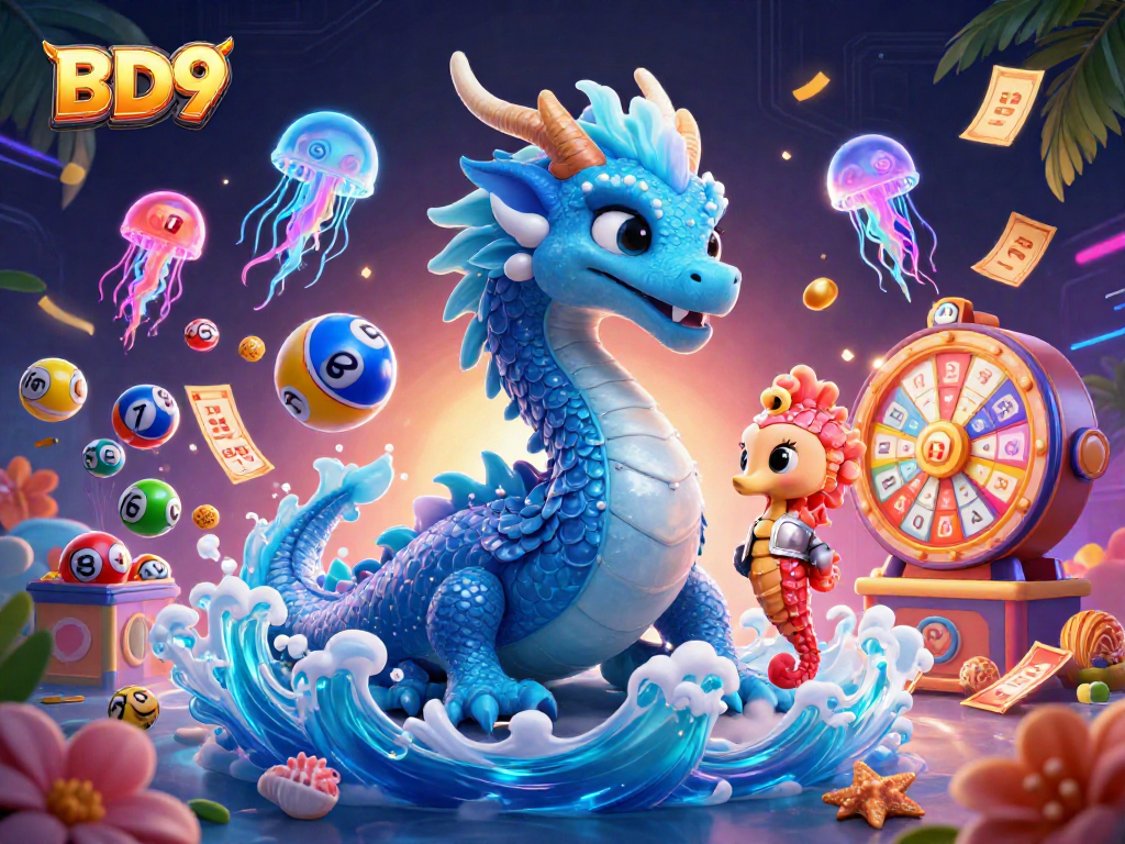 Engage in thrilling gameplay at BD9 with vibrant lottery balls and dragon characters in a dynamic atmosphere.