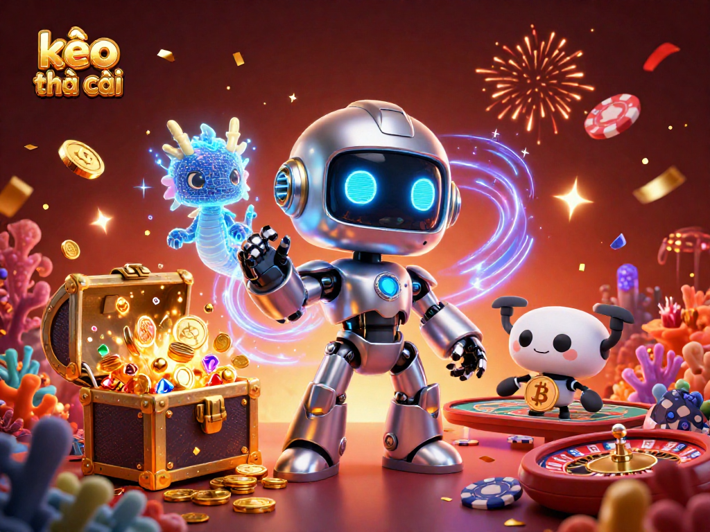 Engage with kèo nhà cái through a vibrant 3D scene featuring a robot mascot in a dynamic gaming setup.