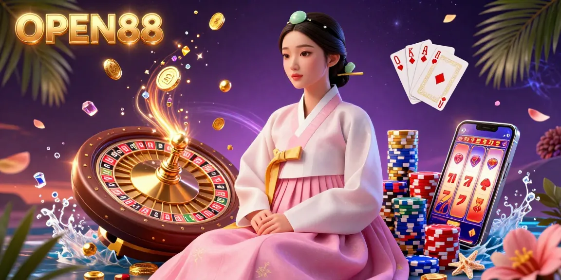 Engage in the action with OPEN88 showcasing an elegant woman in a traditional hanbok amidst vibrant casino elements.