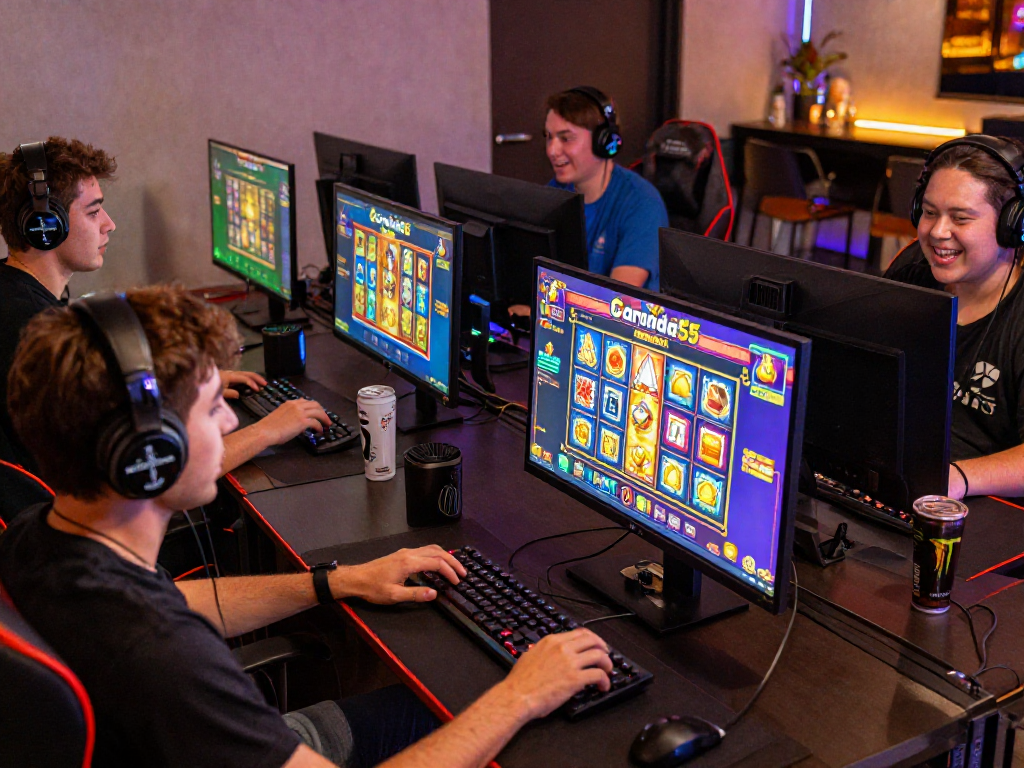Engaged players enjoying GARUDA55 slot games in modern gaming setup