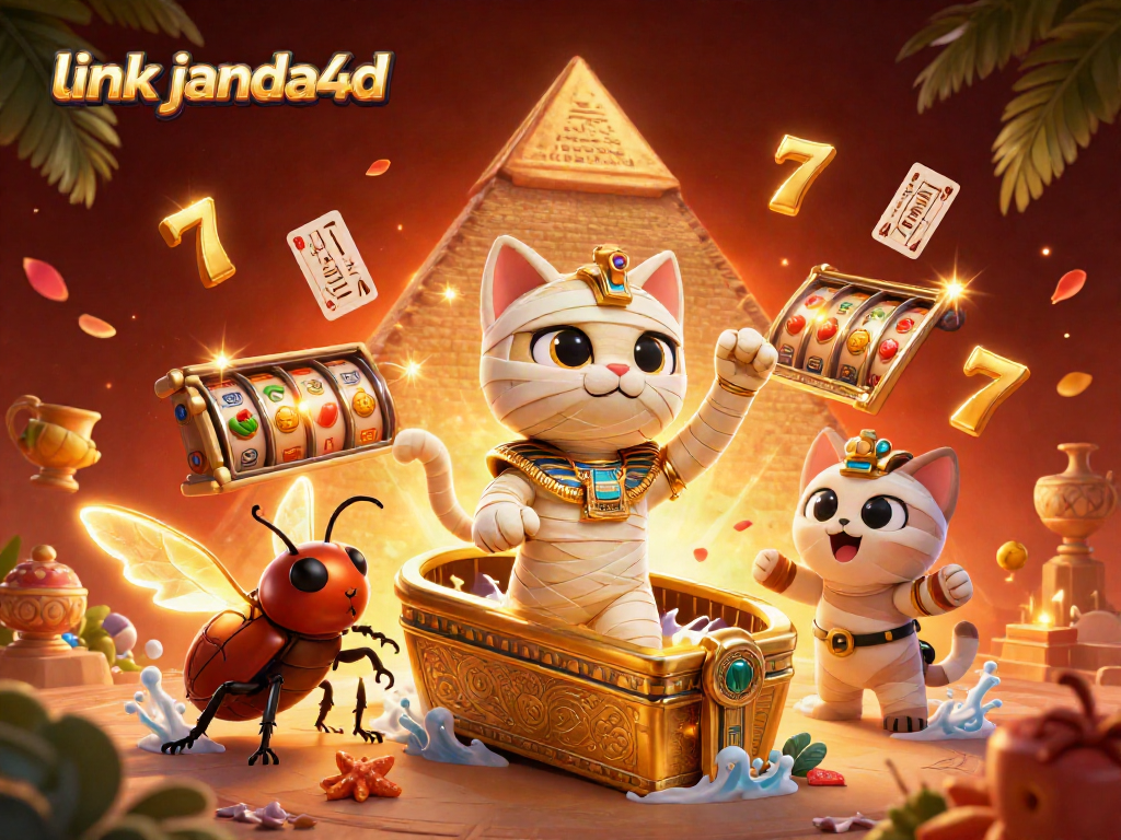 Taruhan seru di link janda4d dengan kucing mummy dan simbol slot yang berkilau.